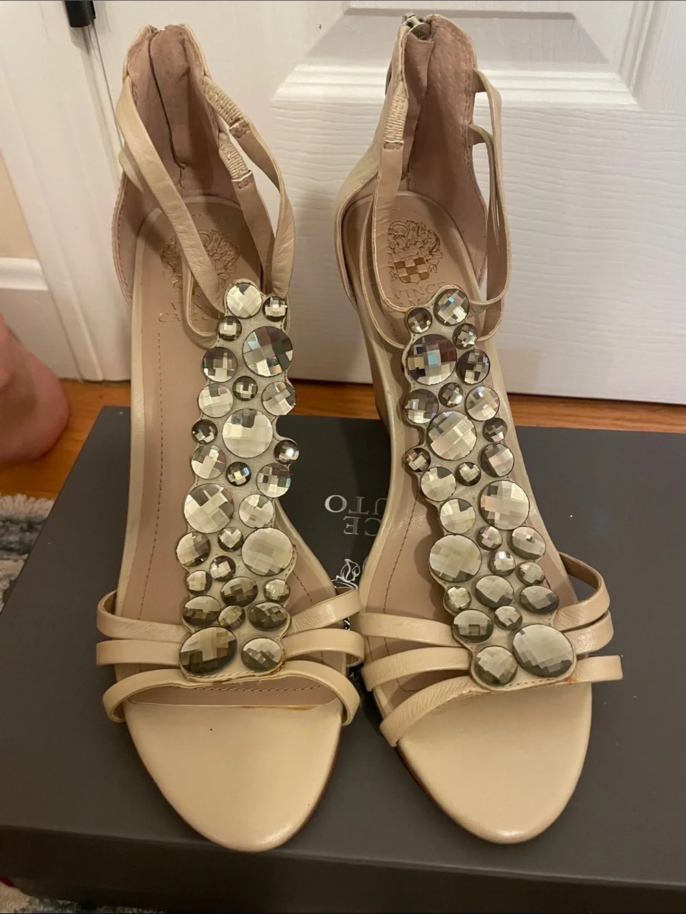 Vince Beige Jeweled T-Strap Wedge Sandals